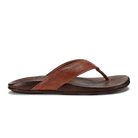 OLUKAI Men's Hiapo Rum/Dark Wood leather thong sandal, hand-sewn strap and contoured footbed, angled view.