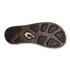 OLUKAI Men's Hiapo Rum/Dark Wood leather flip flop, brown tumbled leather and dark trim, detail view.