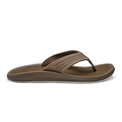 The OLUKAI Mens Ulele Brown flip-flop features a textured sole and Wide, dotted strap for foot pain relief, shown from the side against a plain white background.