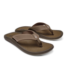 The OLUKAI Mens Ulele Brown sandals feature water-resistant, textured brown straps and soles with a small white logo, designed for comfort and foot pain relief—shown angled on a plain background.