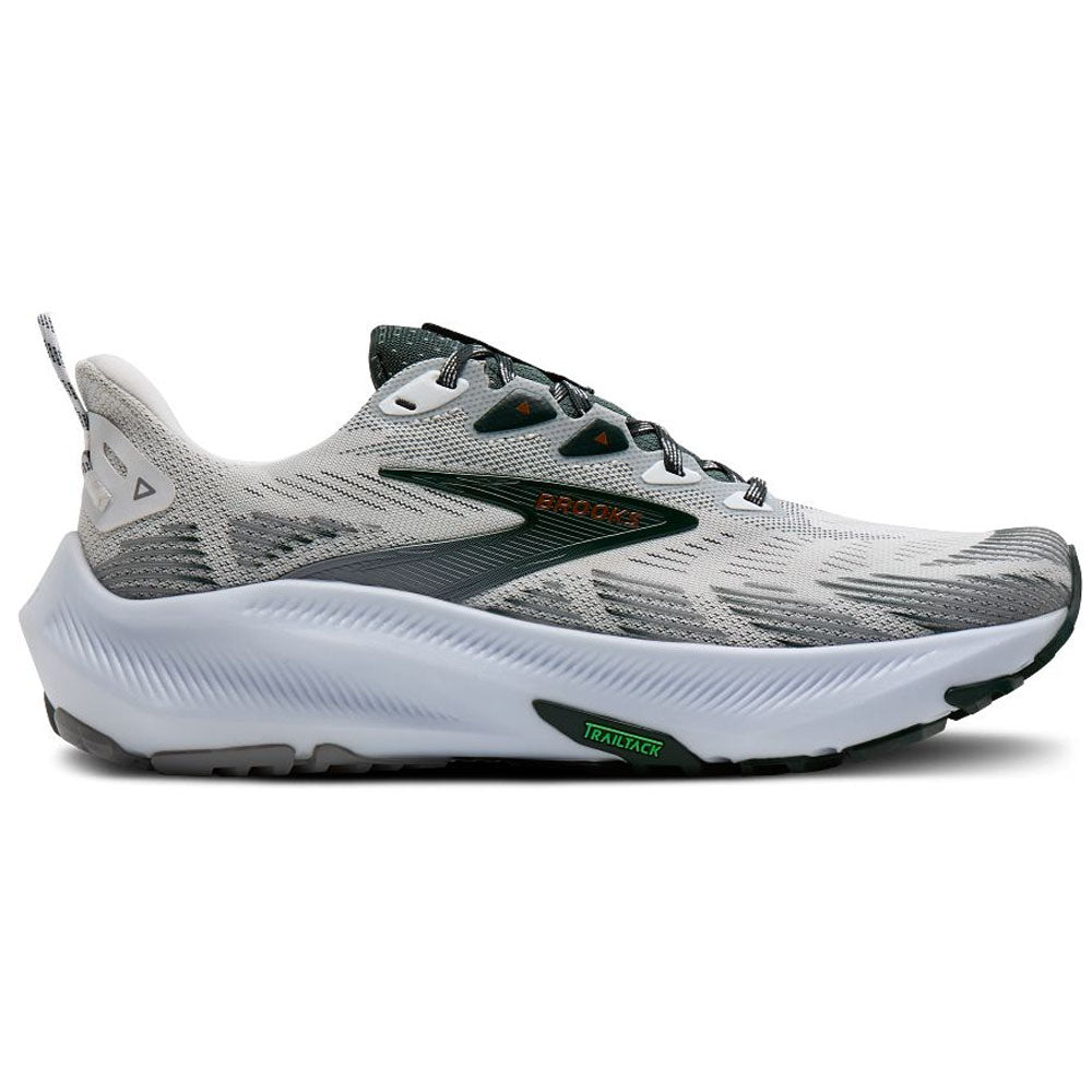 BROOKS Men's Ghost Trail White/Grey trail running shoe, air mesh upper, green lugged outsole, angled side view.