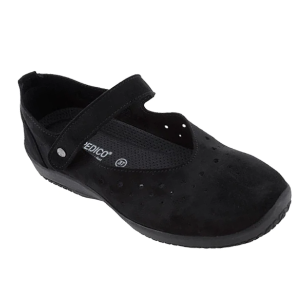 The ARCOPEDICO Womens Arcopedico Sisley Black is a vegan-friendly orthopedic mary-jane with a rounded toe, perforated upper, hook-and-loop instep strap, textured sole, and MediumICO label on the insole.