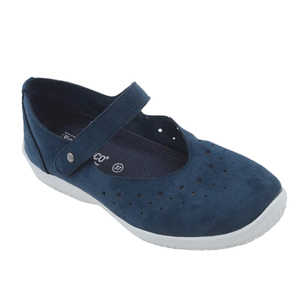 The ARCOPEDICO Womens Arcopedico Sisley Blue shoe, a navy blue vegan-friendly Mary Jane with a perforated toe, adjustable hook-and-loop strap, and white rubber sole, is shown at an angle on a plain background.