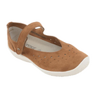 The ARCOPEDICO Arcopedico Womens Sisley Brown is a vegan-friendly brown suede Mary Jane with perforated design, adjustable hook-and-loop strap, and white rubber sole, displayed at an angle on a white background.