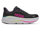 HOKA Women's Bondi 9 Black/Neon Dragonfruit running shoe, thick cushioned midsole and knit upper.