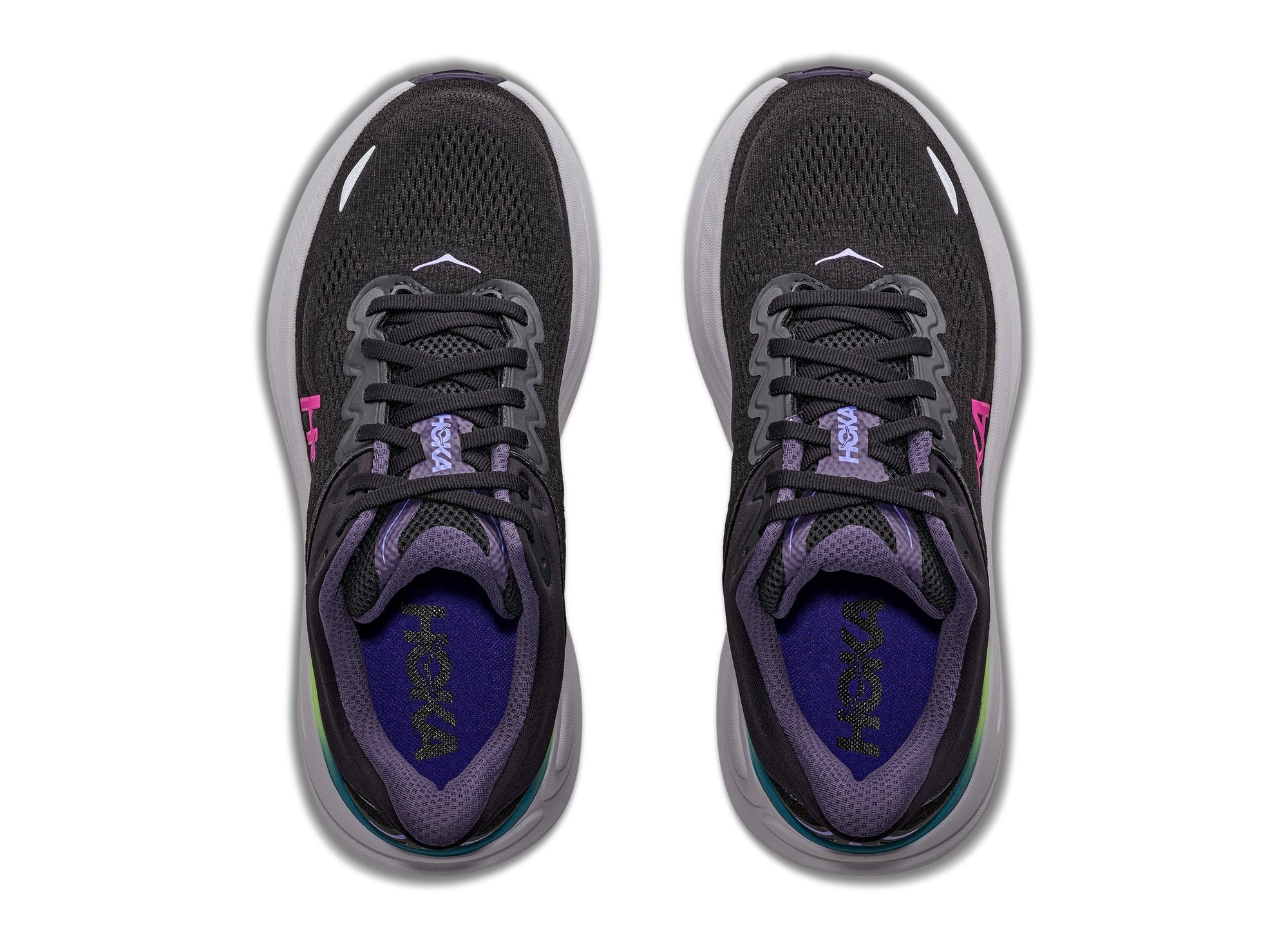 HOKA Women's Bondi 9 in Black/Neon Dragonfruit, max-cushioned foam midsole for foot pain relief.