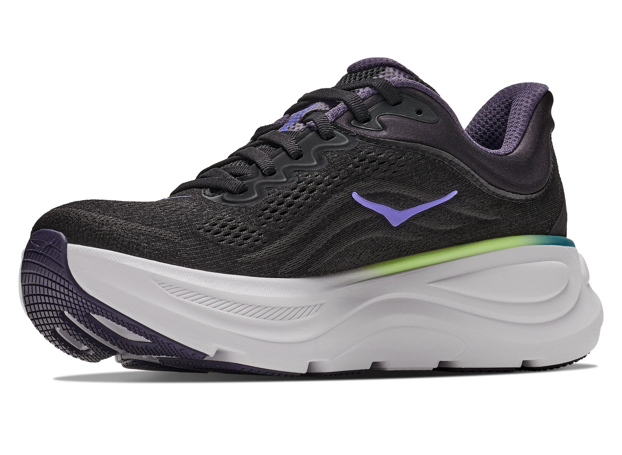 HOKA Women's Bondi 9 Black/Neon Dragonfruit, engineered knit upper with lace closure and padded collar.