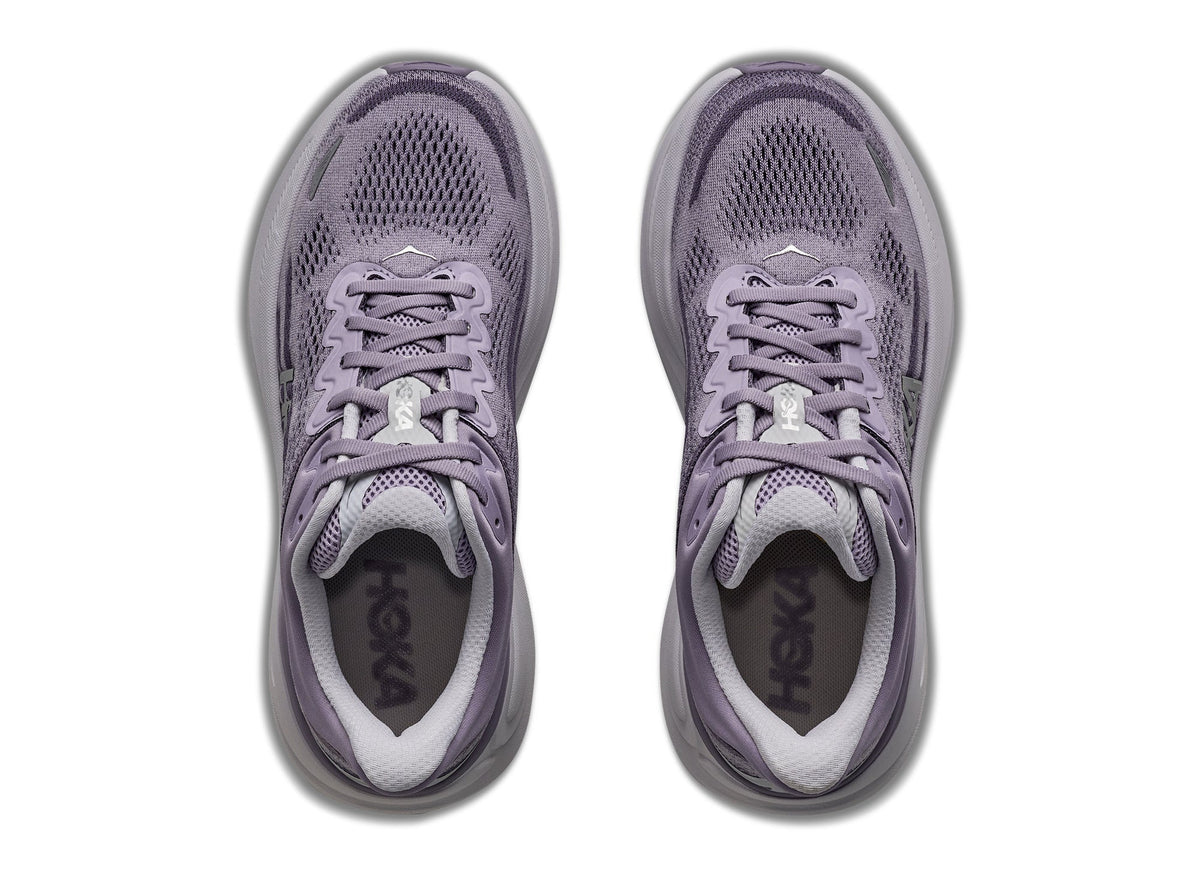 HOKA Women's Bondi 9 in Mellow Lilac/Purple Fog, max-cushioned foam midsole for foot pain relief.