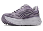 HOKA Women's Bondi 9 Mellow Lilac/Purple Fog, engineered knit upper with lace closure and padded collar.