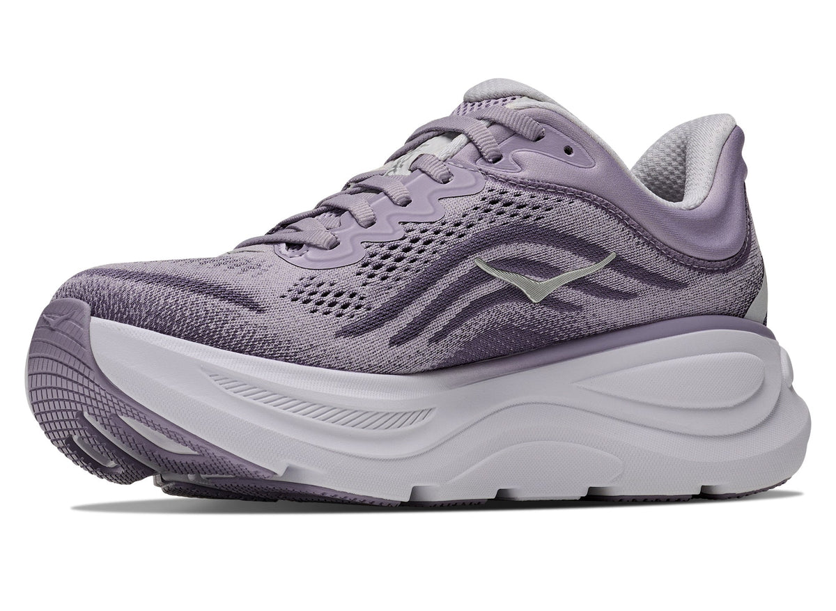 HOKA Women's Bondi 9 Mellow Lilac/Purple Fog, engineered knit upper with lace closure and padded collar.