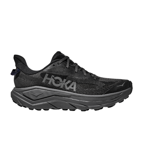 Black Hoka running shoe on a white background