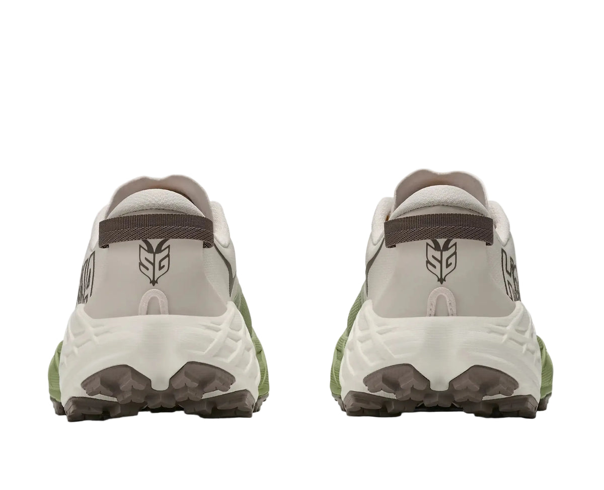 Rear view of the HOKA Women's Speedgoat 7 White/Green trail running shoe, padded heel collar and pull tab, cushioned.