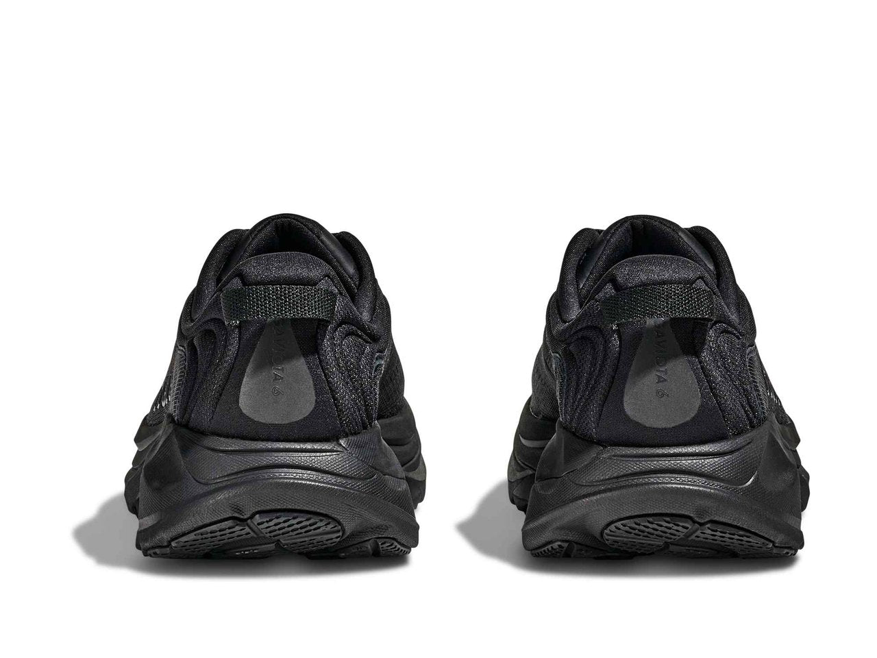 Rear view of the HOKA Women's Gaviota 6 Black/Black running shoe, heel pull webbing and stable heel counter.