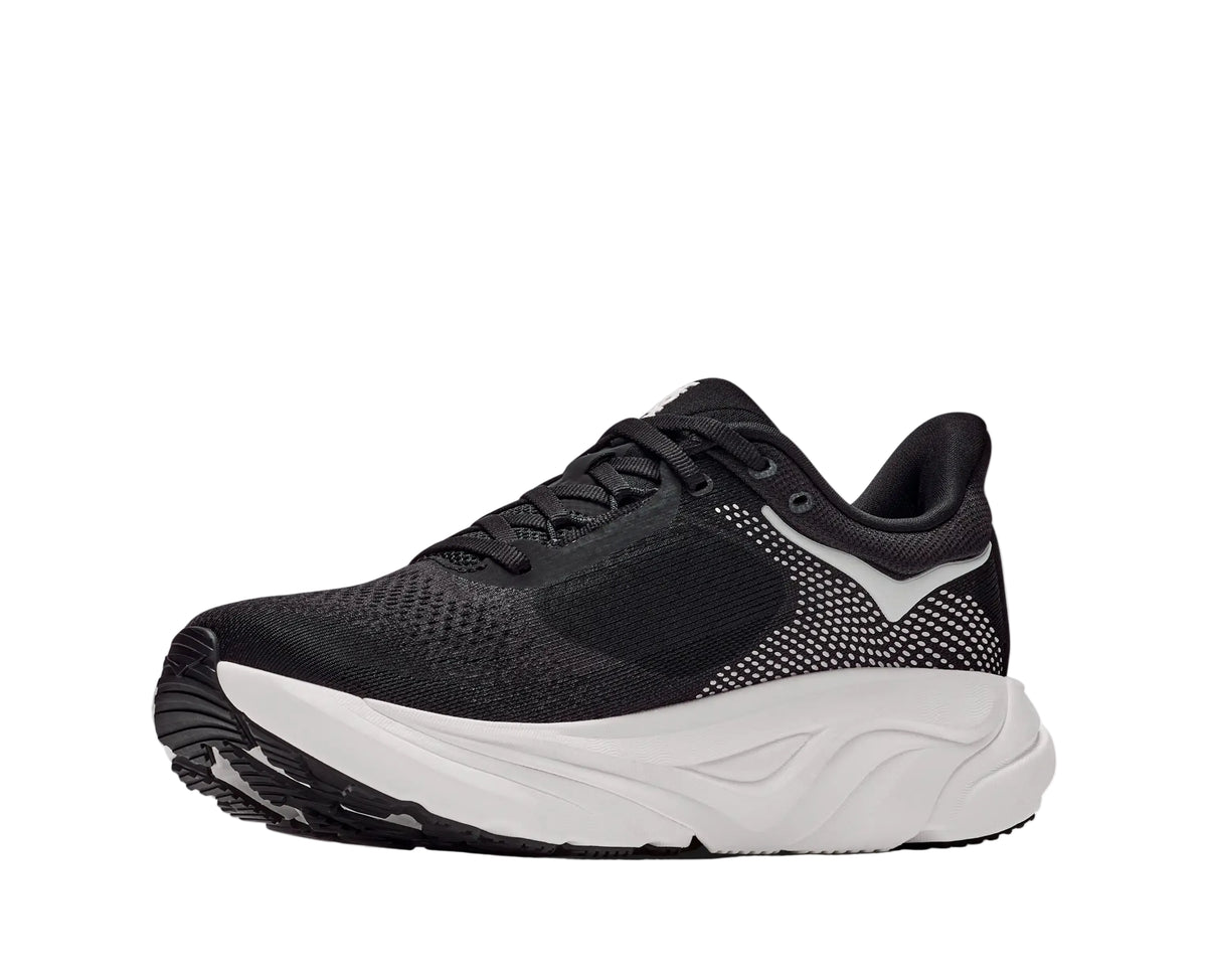 HOKA Men's Arahi 9 Black/White running shoe, black engineered mesh upper and cushioned collar, top view.