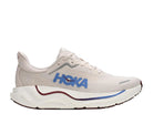 HOKA Men's Arahi 9 Stucco/Grout stability running shoe, greige mesh upper and grey midsole, angled side view.