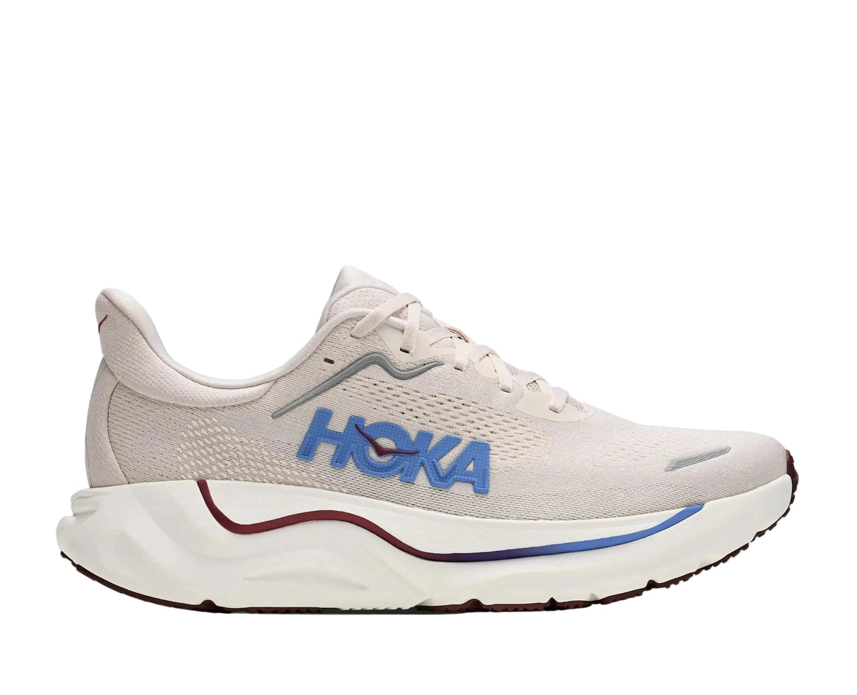 HOKA Men's Arahi 9 Stucco/Grout stability running shoe, greige mesh upper and grey midsole, angled side view.