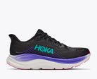 HOKA Women's Clifton 11 Black/Neon Nebula running shoe, cushioned black midsole and mesh upper, angled side view.