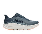 HOKA Women's Clifton 11 Navy/Gum Blue running shoe, navy mesh upper and cushioned midsole, angled side view.