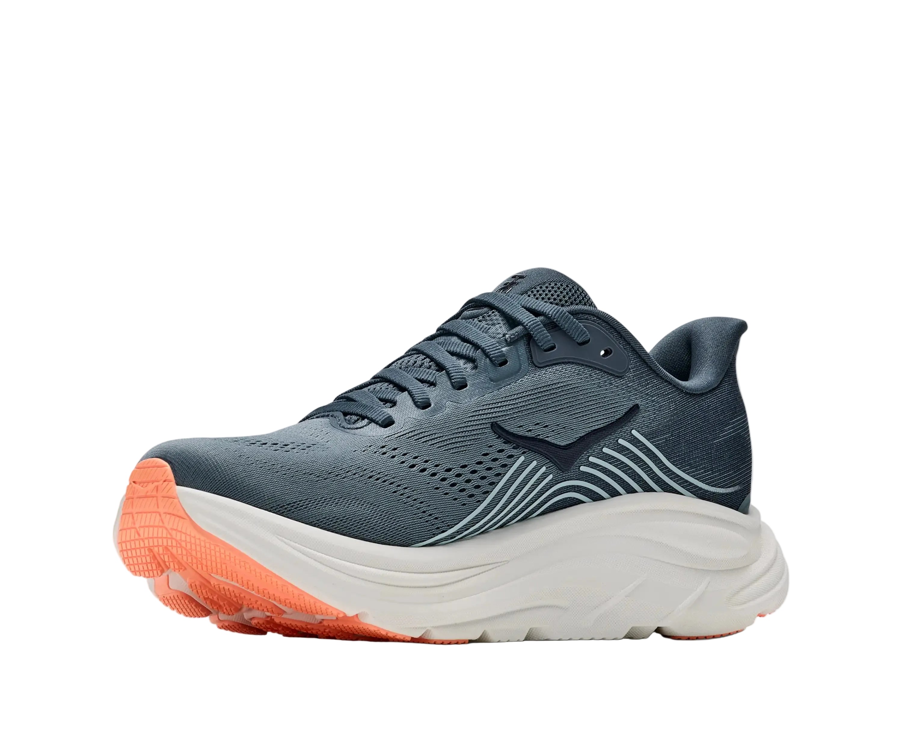 HOKA Women's Clifton 11 Navy/Gum Blue shoe from above, navy laces and padded collar, cushioned comfort.
