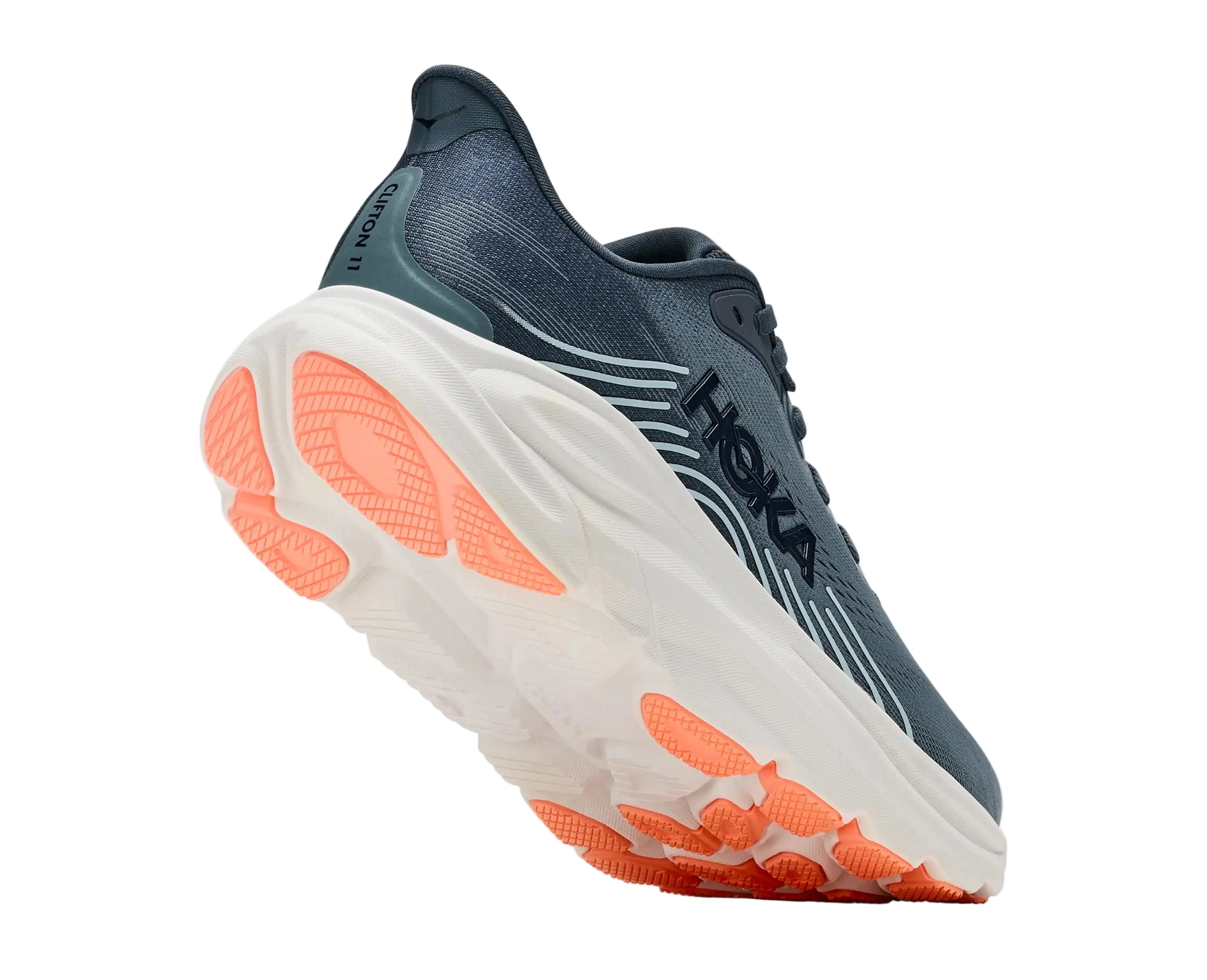 Outsole of the HOKA Women's Clifton 11 Navy/Gum Blue running shoe, abrasion rubber tread pattern.