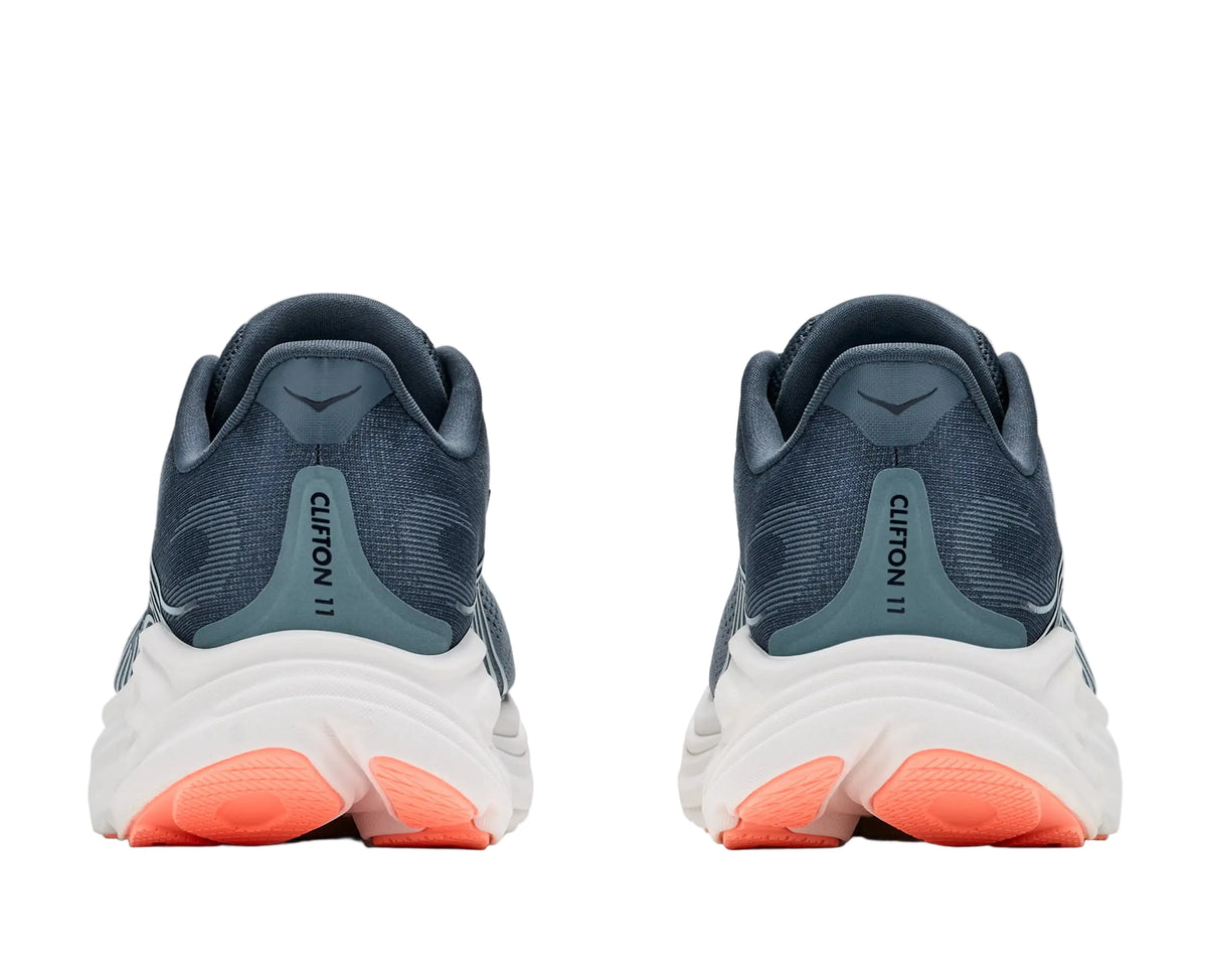 Rear view of the HOKA Women's Clifton 11 Navy/Gum Blue running shoe, heel counter and Active Foot Frame.