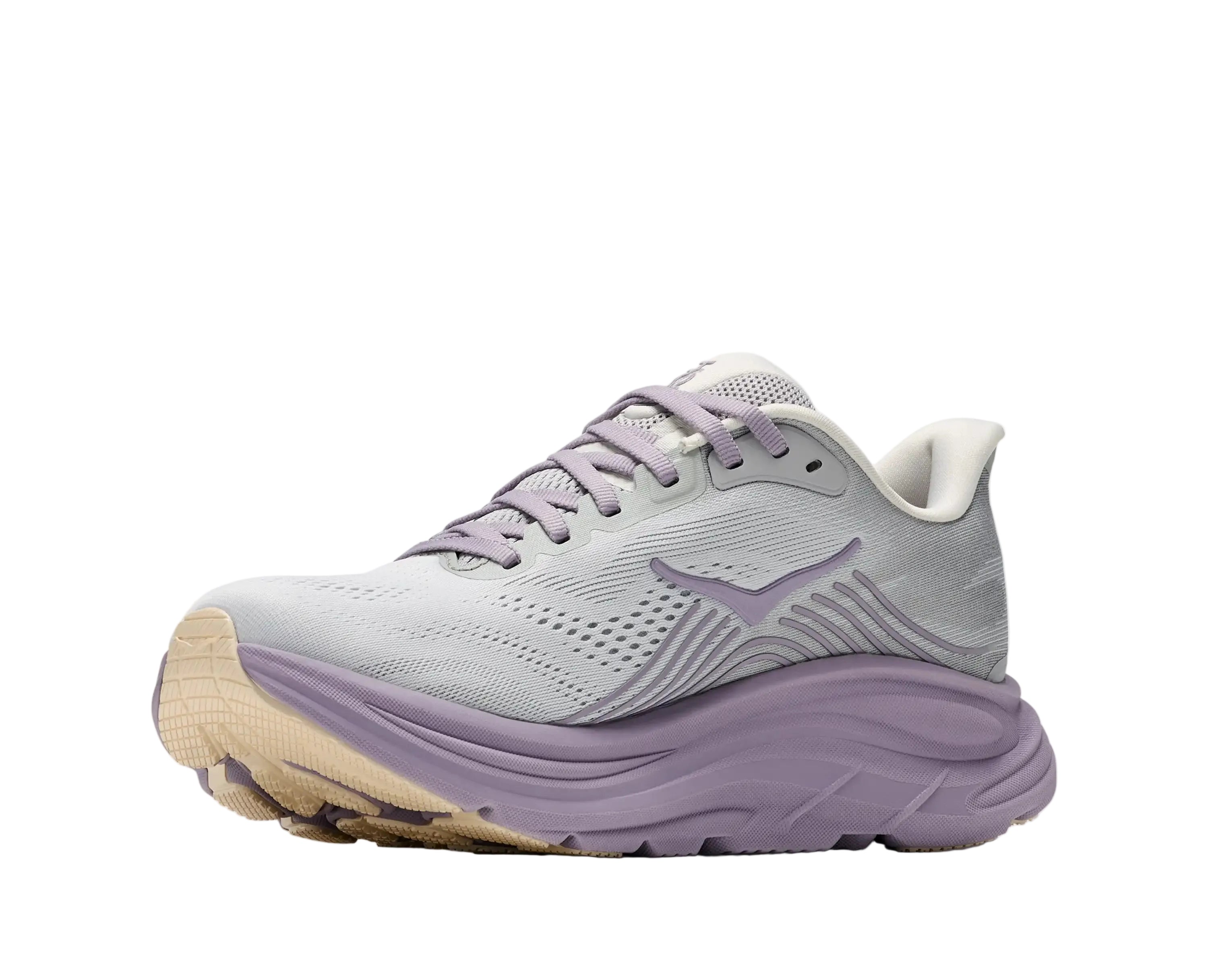 HOKA Women's Clifton 11 Stardust/Mellow Lilac shoe from above, laces and padded collar, cushioned comfort.