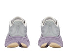 Rear view of the HOKA Women's Clifton 11 Stardust/Mellow Lilac shoe, heel counter and Active Foot Frame.