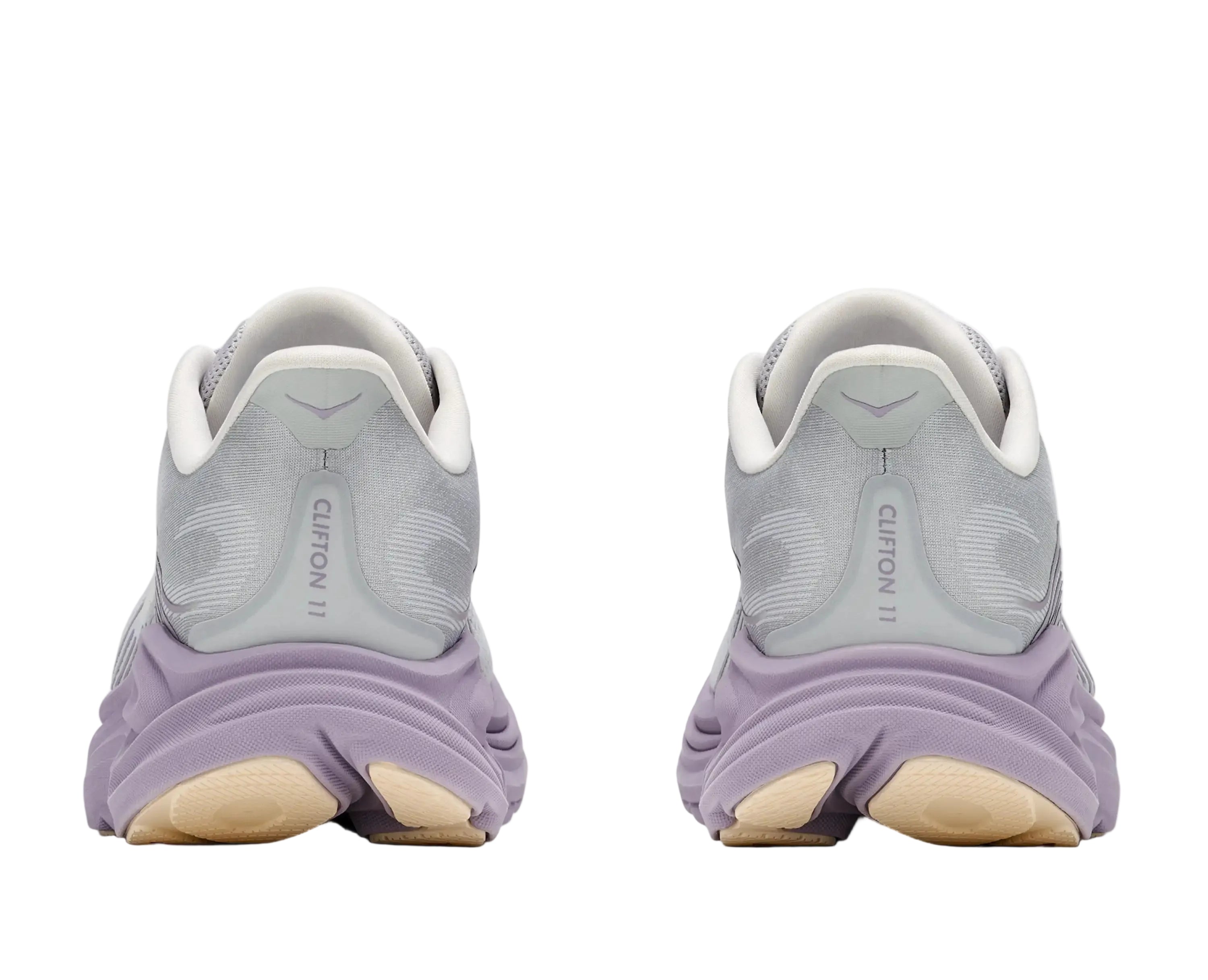 Rear view of the HOKA Women's Clifton 11 Stardust/Mellow Lilac shoe, heel counter and Active Foot Frame.