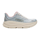 HOKA Women's Bondi 9 GLM Alabaster/Mineral Blue running shoe, light blue knit upper, off-white sole, angled view.