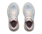 Top view of HOKA Women's Bondi 9 GLM Alabaster/Mineral Blue running shoes, light blue knit upper and cushioned collar.