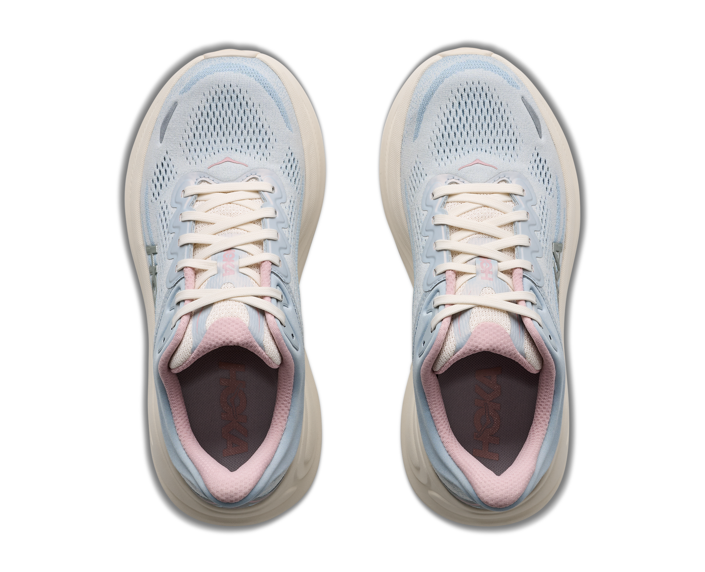 Top view of HOKA Women's Bondi 9 GLM Alabaster/Mineral Blue running shoes, light blue knit upper and cushioned collar.