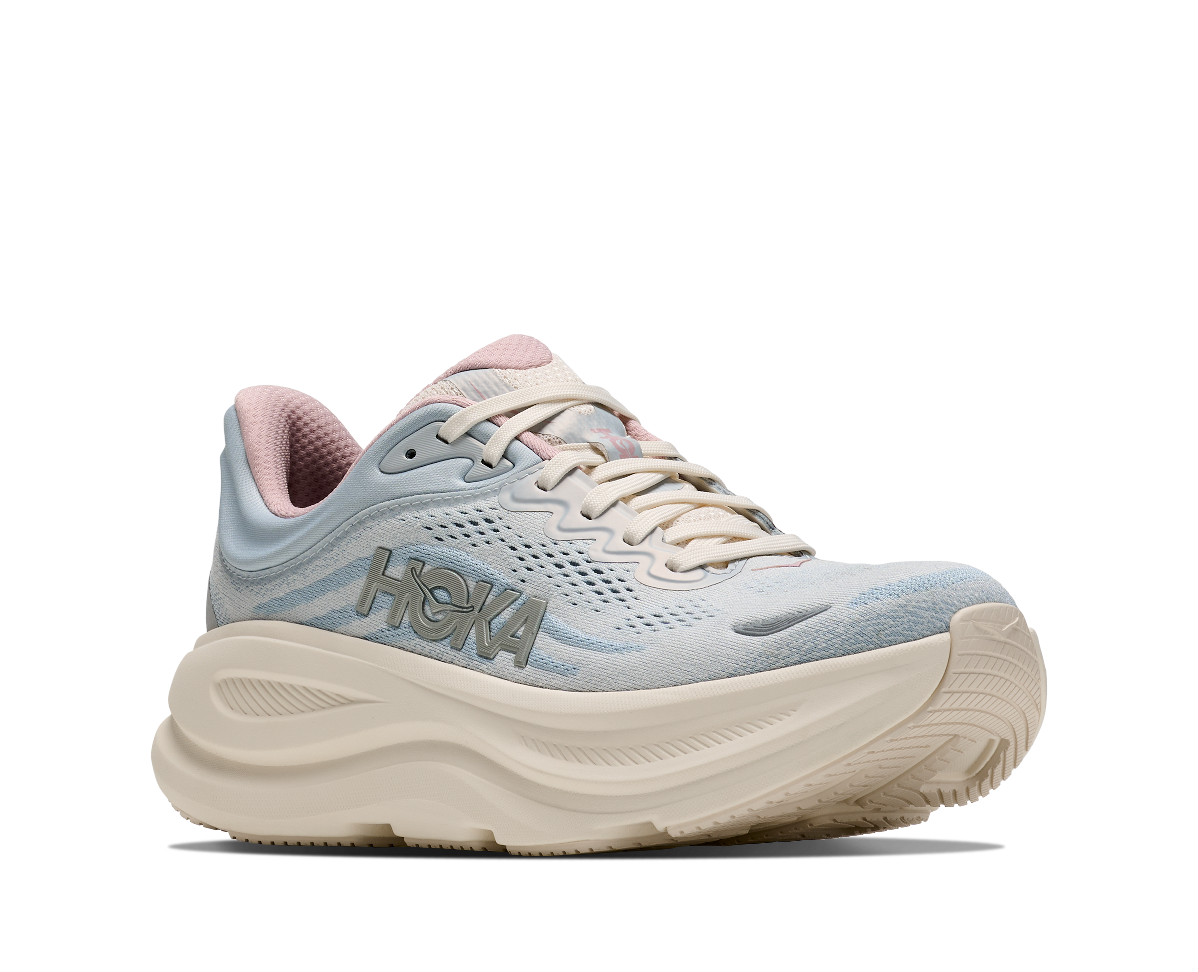 HOKA Women's Bondi 9 GLM Alabaster/Mineral Blue running shoe, thick cushioned off-white midsole, side profile view.