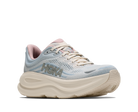HOKA Women's Bondi 9 GLM Alabaster/Mineral Blue running shoe, thick cushioned off-white midsole, side profile view.