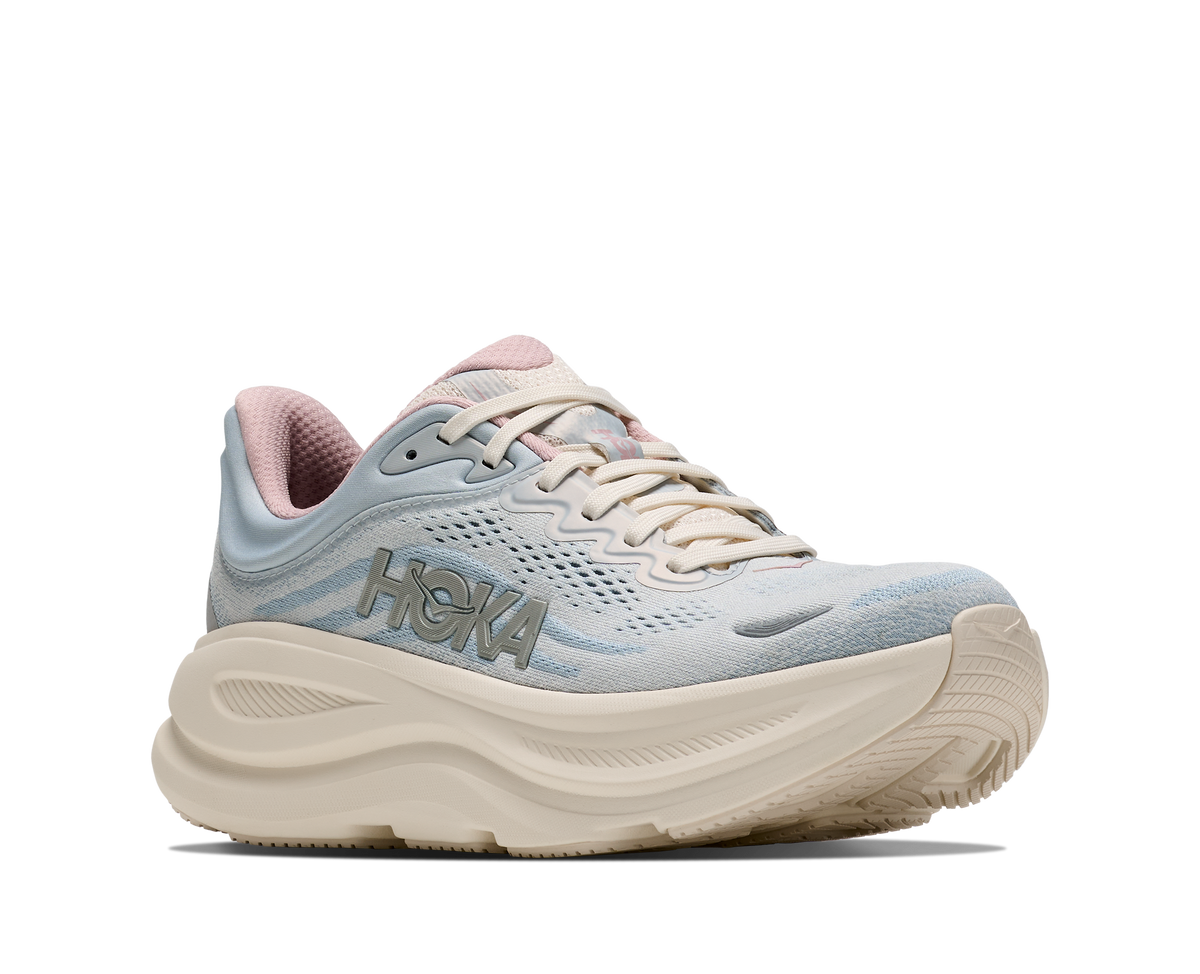 HOKA Women's Bondi 9 GLM Alabaster/Mineral Blue running shoe, thick cushioned off-white midsole, side profile view.