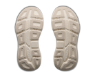 Outsole view of HOKA Women's Bondi 9 GLM Alabaster/Mineral Blue running shoes, Durabrasion rubber tread, wide platform.