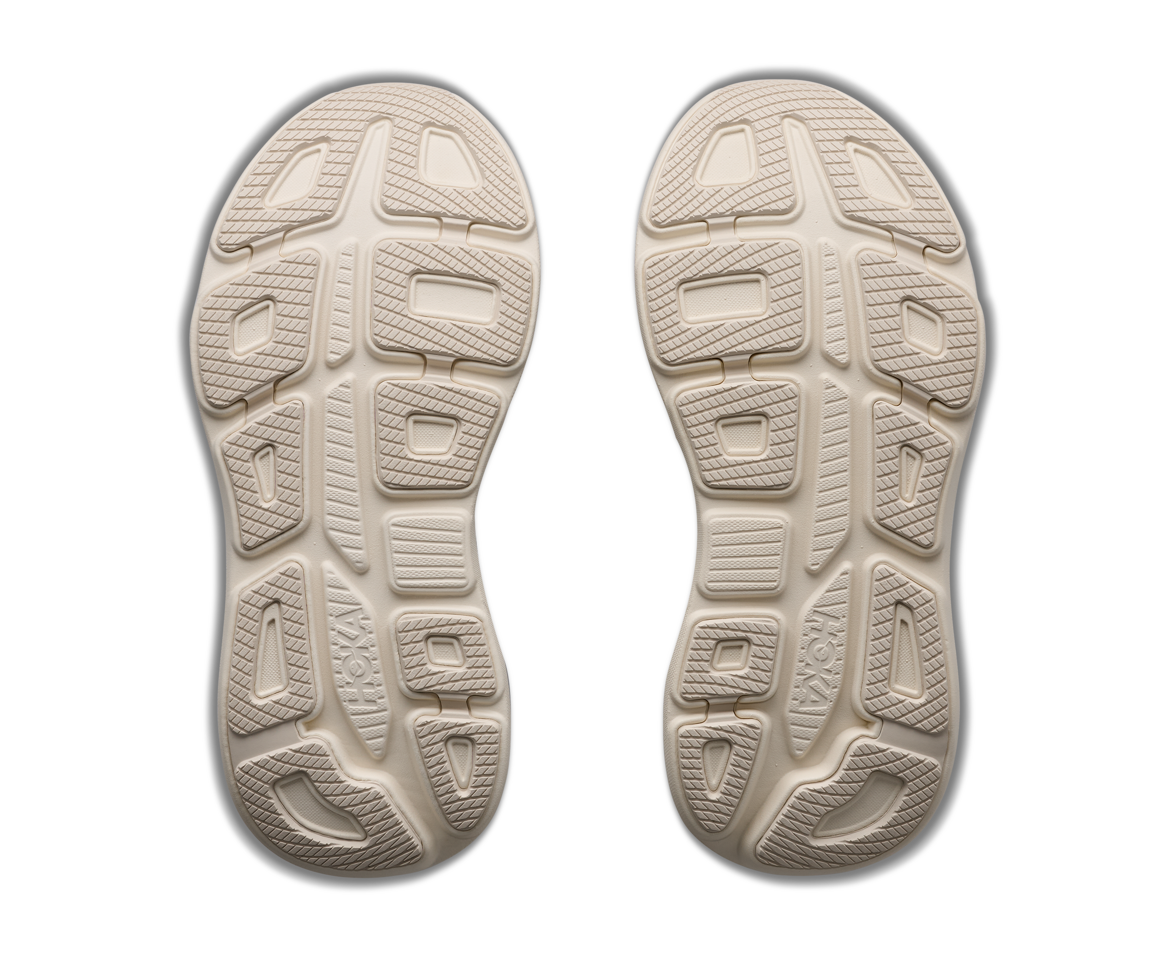 Outsole view of HOKA Women's Bondi 9 GLM Alabaster/Mineral Blue running shoes, Durabrasion rubber tread, wide platform.