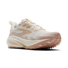 BROOKS Women's Ghost Trail Arctic Wolf/Rose/Nightlife trail running shoe, air mesh upper, angled view.