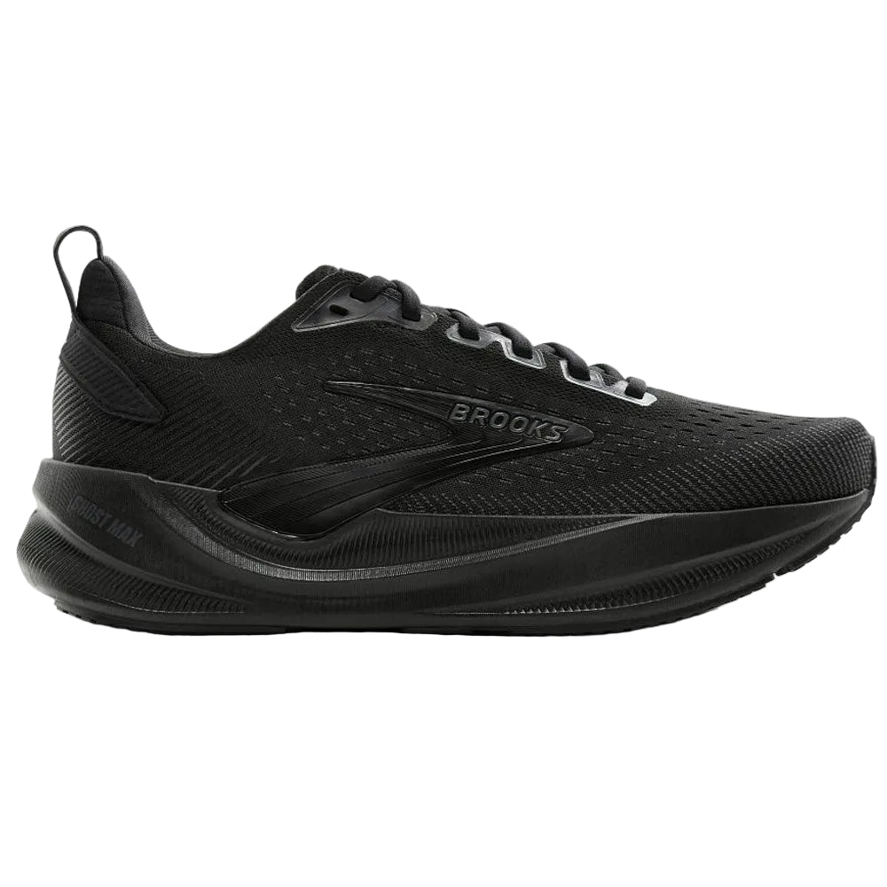 BROOKS Women's Ghost Max 4 Wide Black/Black running shoe, high-stacked black midsole, angled side view.