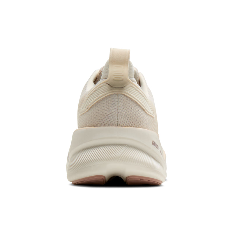 Rear view of the BROOKS Women's Ghost Max 4 Beige/White shoe, heel counter and DNA LOFT midsole.