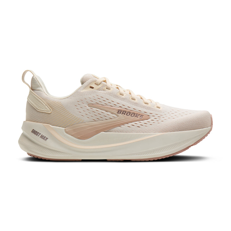 BROOKS Women's Ghost Max 4 Beige/White running shoe, beige mesh upper and rocker sole, side profile.