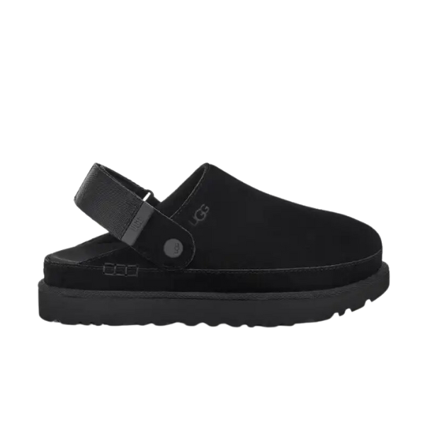 The UGG Womens Goldenstar Clog Black features a closed toe, thick sole, and adjustable heel strap for stylish comfort, finished with the signature embroidered UGG logo on the side.