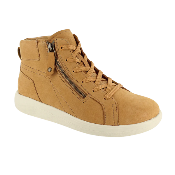 The STRIVE Kensington Sand is a tan high-top women's sneaker with laces, side zipper, and biomechanical footbed.