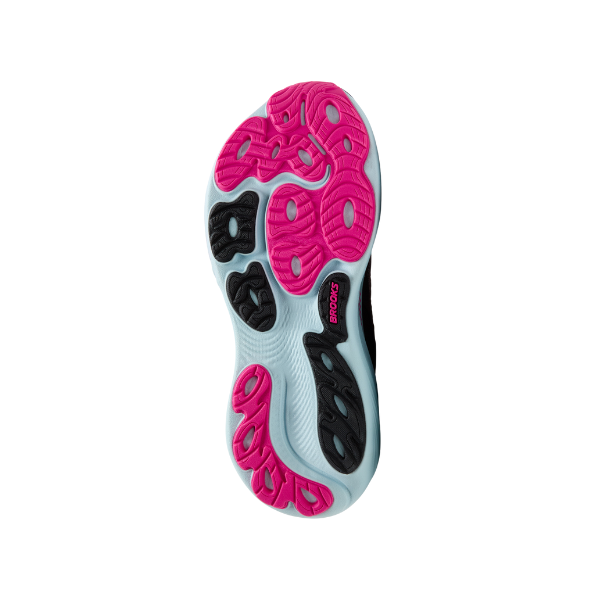 Bottom view of the Brooks Women’s Adrenaline GTS 25 Black/Pink shows a white sole with vibrant pink and black rubber tread. The BROOKS logo pops in pink on the midfoot—ideal for runners needing plantar fasciitis support.