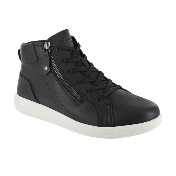 STRIVE Strive Women's Kensington Black: black high-top sneaker with side zipper, white sole, and black laces.