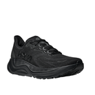 The HOKA Men's Arahi 8 Wide in Black/Black features a thick sole and mesh upper, shown from a side angle.