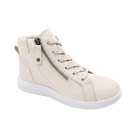 STRIVE Strive Women’s Kensington Sand high-top sneaker with side zipper, footbed, white sole, and laces on white background. Lucky Feet Shoes