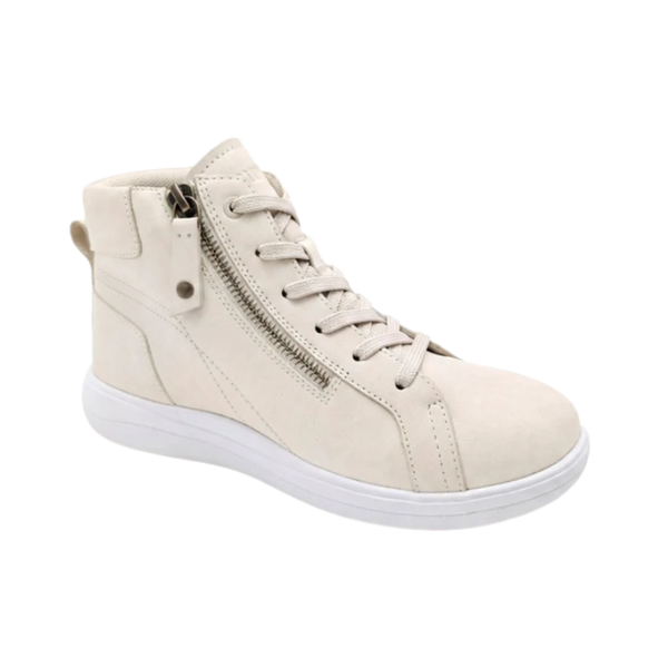 STRIVE Strive Women’s Kensington Sand high-top sneaker with side zipper, footbed, white sole, and laces on white background. Lucky Feet Shoes