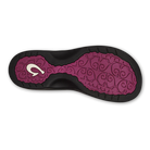 The image shows the sole of the OLUKAI W-Ohana Orchid sandal, with a purple section featuring swirl patterns and a white logo, bordered by black textured edges for anatomical grip.
