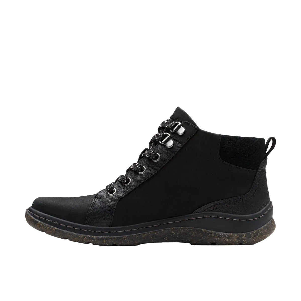 CLARKS Women's Orlene Top Waterproof Wide Black boot, waterproof nubuck upper, side profile view.