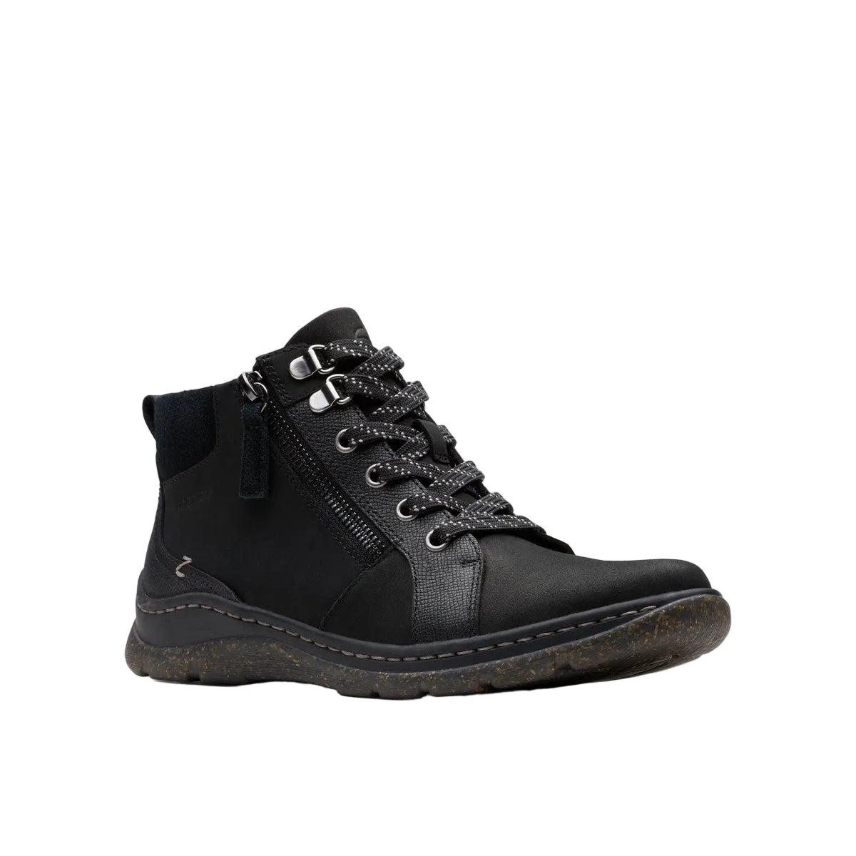 CLARKS Women's Orlene Top Waterproof Wide Black boot, two-layer TPR outsole tread, bottom view.